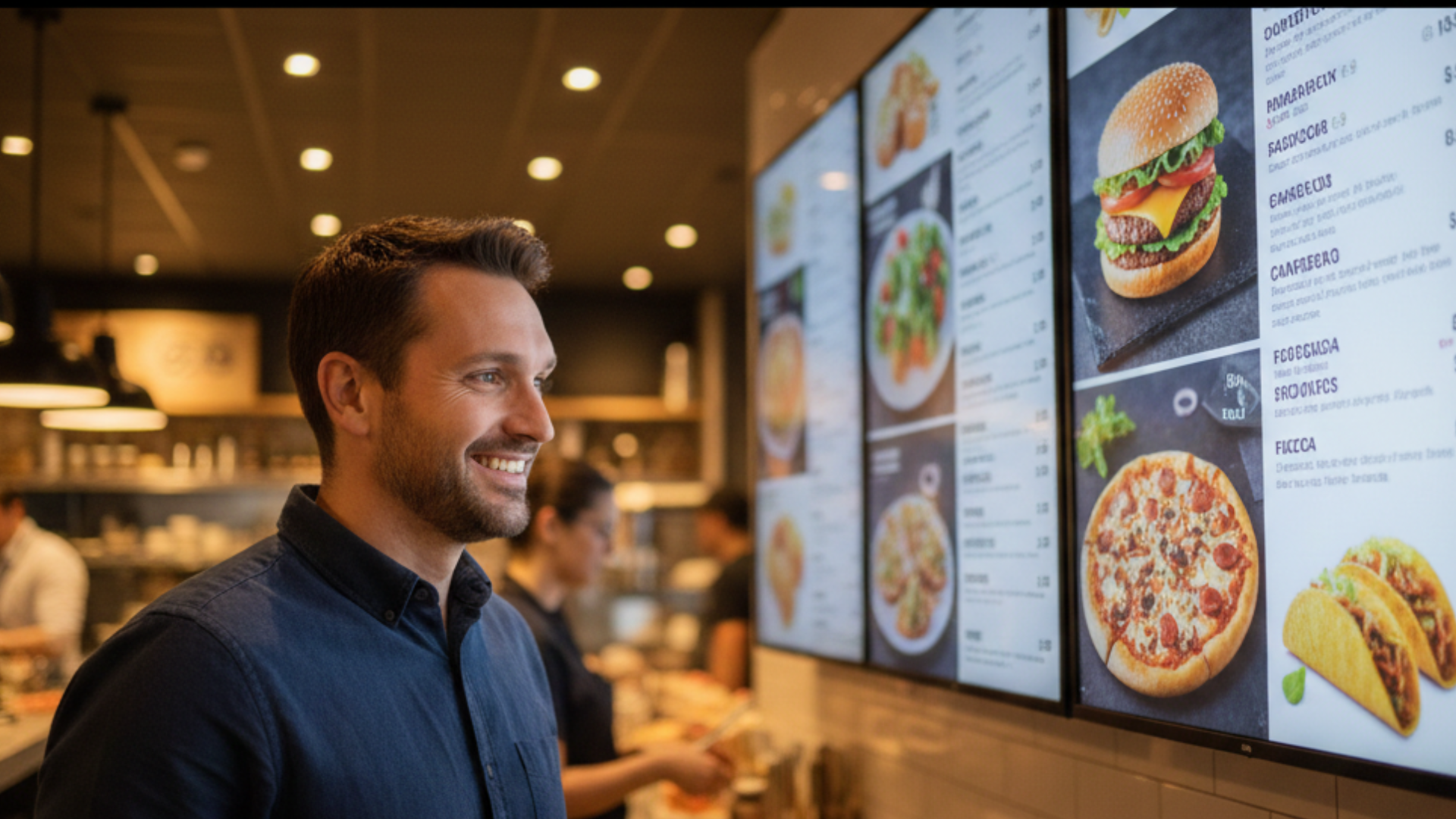 Funcionamiento del menu board Cliente observando menu board digital