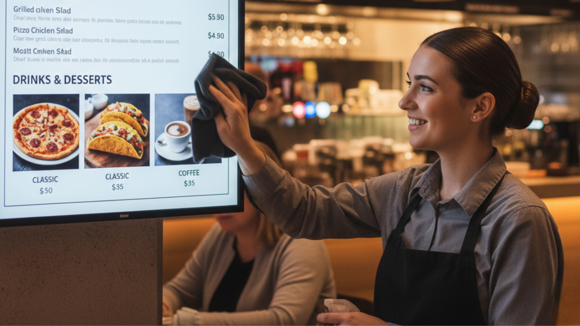 Menu board digital en uso Pantalla de menu board digital instalada en restaurante