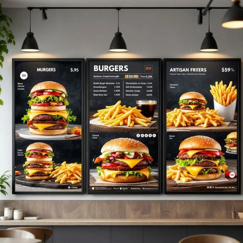 Menu board digital en el restaurante on the day n Menu board digital mostrando menú en un restaurante on the day n