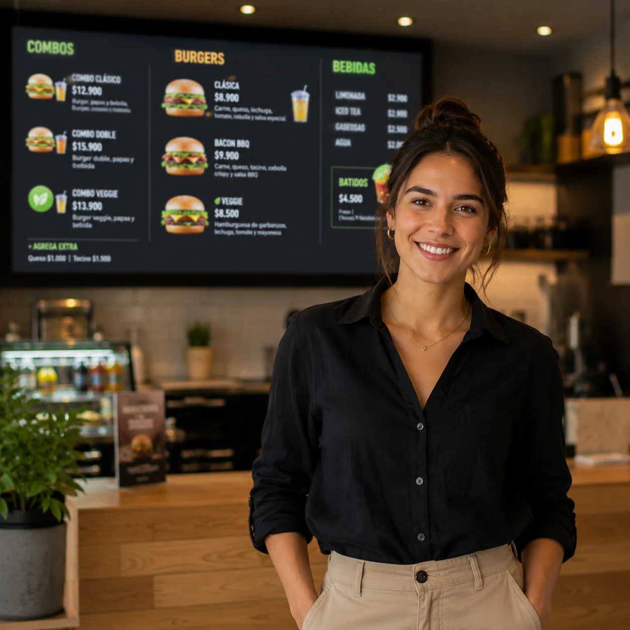 Experiencia con menu board digital Personal revisando menu board digital encendido